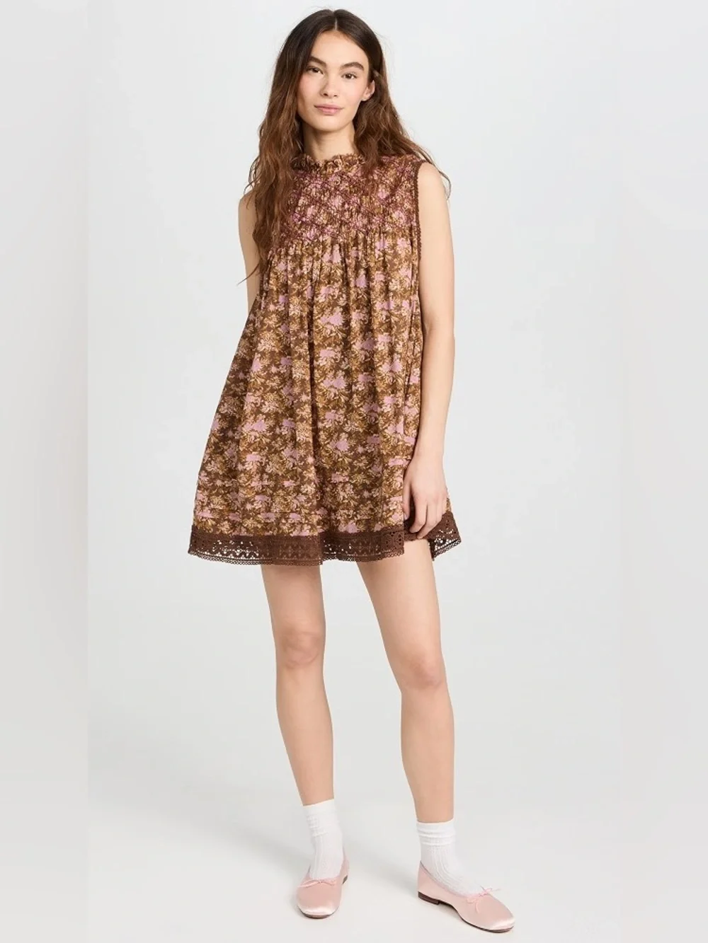 Free people shea printed mini dress brown pink floral size XS oversized